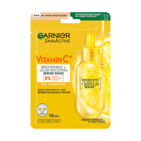 Garnier SkinActive Vitamin C* Brightening + Glow Boosting Serum Sheet Mask for dull & uneven skin 28 g